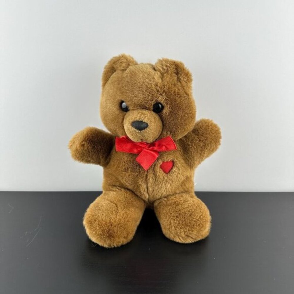 1985 Dakin Brown Teddy Bear Heart Throb Red Bow Plush Stuffed Animal 9.5”